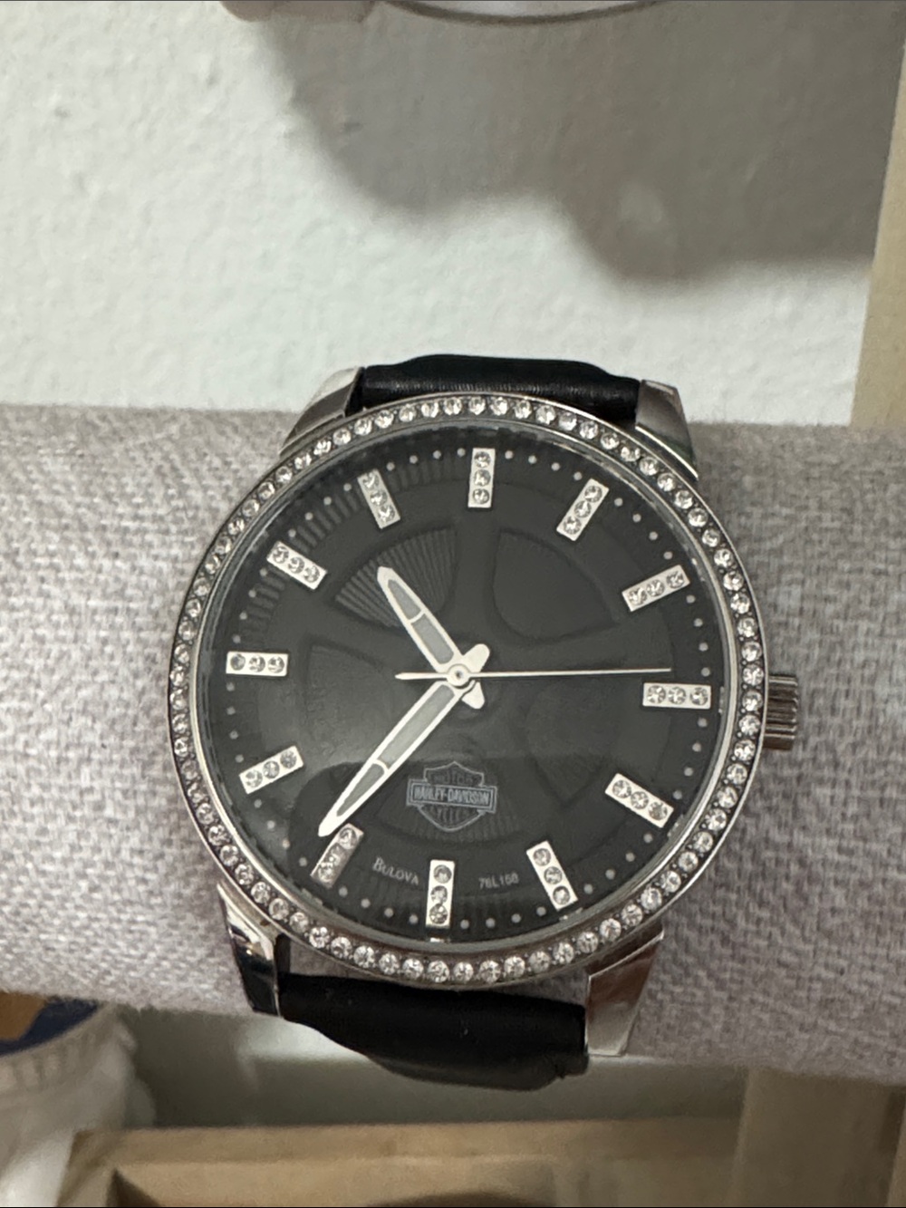 Harley-Davidson Silver-Tone Case Black Dial Watch with Crystal Accents